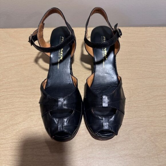 Re-mix Pleated Toe Vintage Style Black Leather Sandal Wedge Peep Toe - Picture 5 of 12